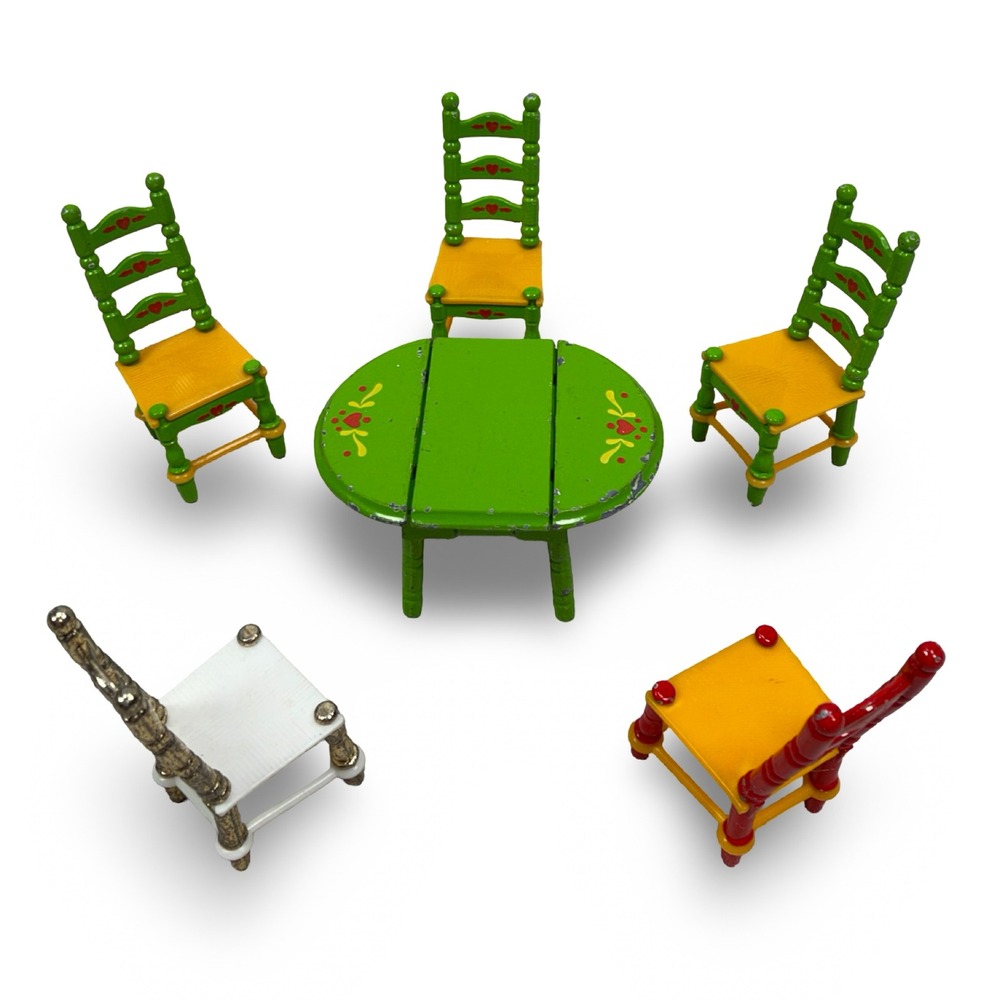 Vintage 1980 Mattel The Littles Diecast Metal Drop Leaf Table and 5 Chairs Set